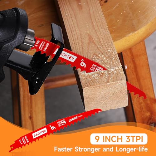 BATHTOI 5 Pack 9 Inch 3 Tpi Carbide Reciprocating Saw Blades for Wood Cutting and Tree Trimming, Pruning Sawzall Blades with Carbide Tipped Teeth for Longer Life and Faster Cutting Speed - Image 3