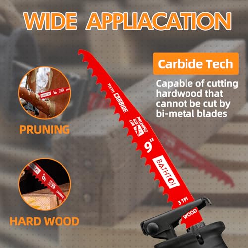 BATHTOI 5 Pack 9 Inch 3 Tpi Carbide Reciprocating Saw Blades for Wood Cutting and Tree Trimming, Pruning Sawzall Blades with Carbide Tipped Teeth for Longer Life and Faster Cutting Speed - Image 4