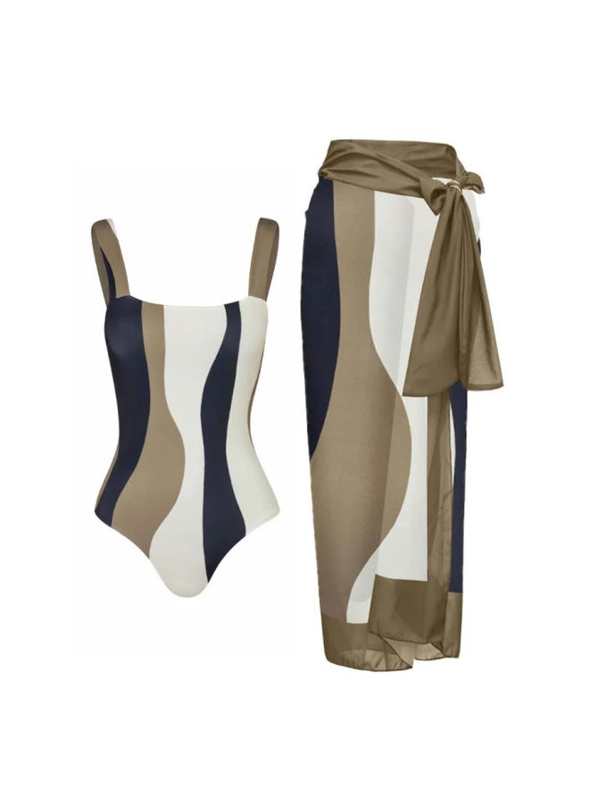 2024 European And American One-piece Bikini Swimsuit Women's Conservative Sunscreen Gauze Skirt Seaside Vacation Hot Spring Swimsuit Suit-Color:Green Suit- - Image 2