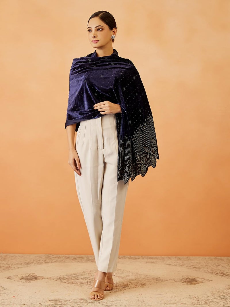 Pashmoda Women Gulrukh Velvet Swarovski Crystal Work Stole, Shawl, & Wrap, Bridal Wedding Wrap for Men and Women(Size: 71X203 CM) - Image 5