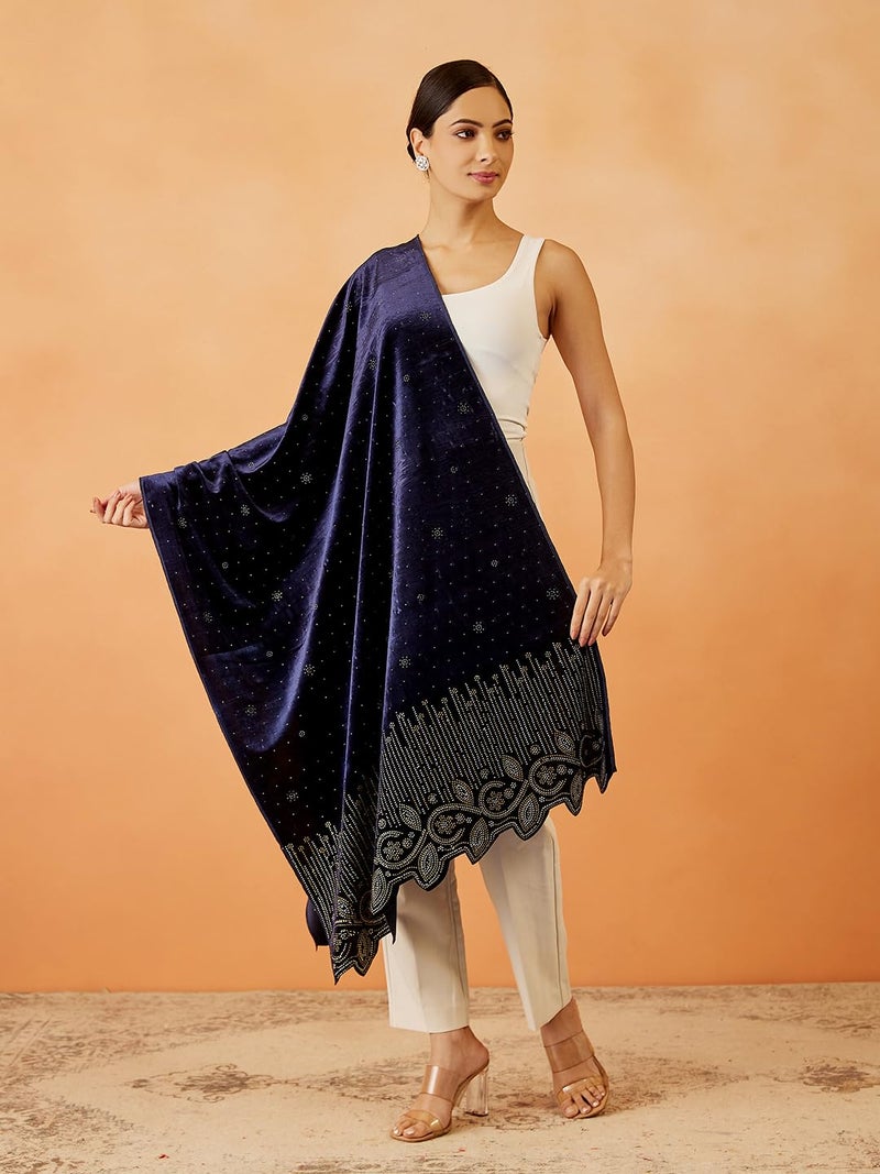 Pashmoda Women Gulrukh Velvet Swarovski Crystal Work Stole, Shawl, & Wrap, Bridal Wedding Wrap for Men and Women(Size: 71X203 CM) - Image 2