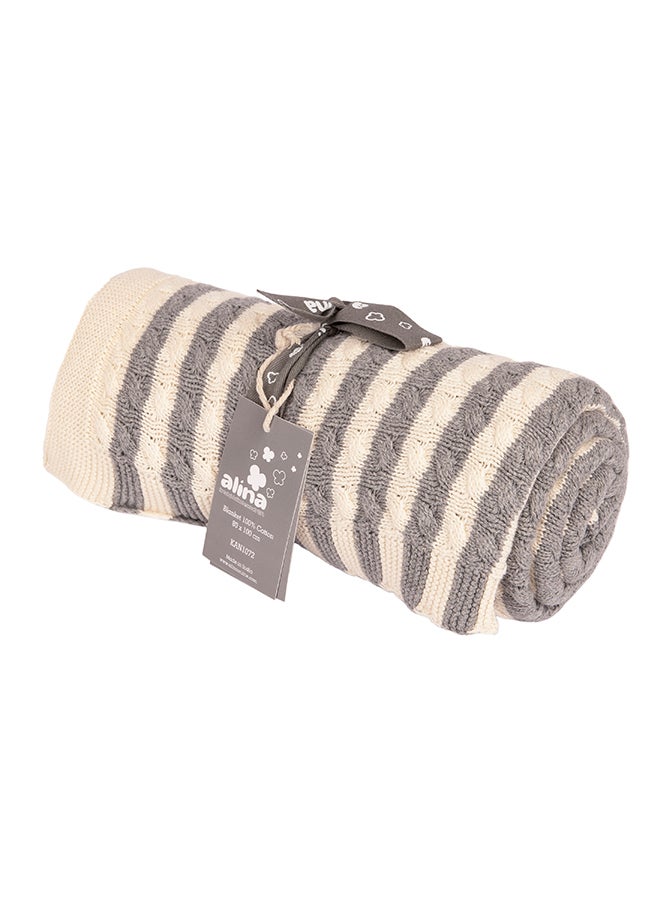 Alina Blanket 100% Cotton Knitted (Cable Stripes Light Grey Melange-Natural ) - Image 3