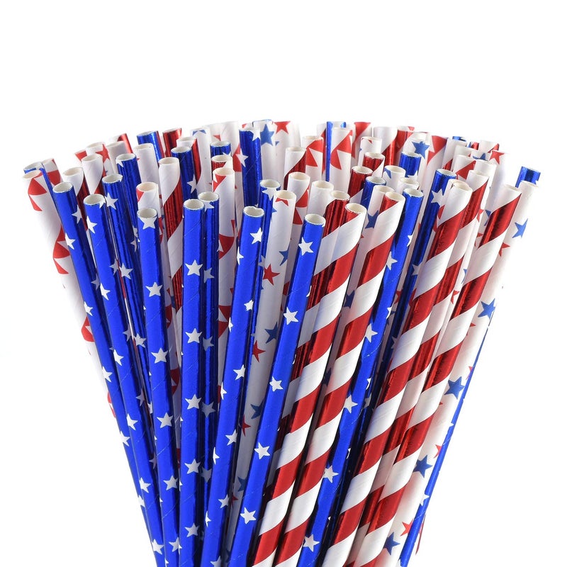 ALINK American Flag Red Blue White Paper Straws  100 Straws for Memorial Day /4th of July  Super Bowl  Patriotic Party  Americana Themed Party Celebration