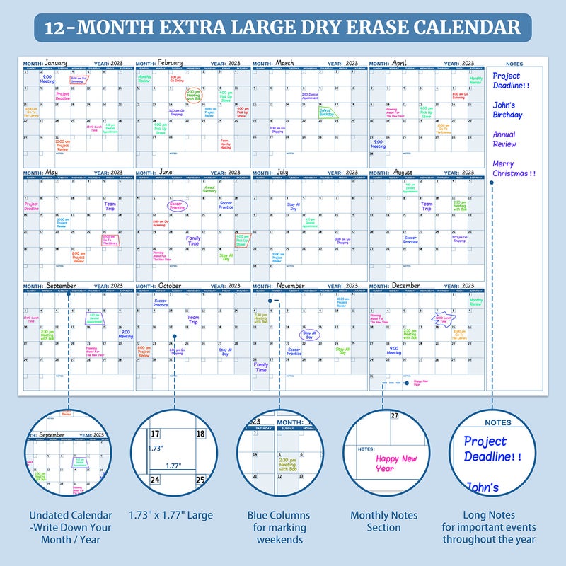 BooQool Large Dry Erase Calendar for Wall â€“ Yearly Wall Calendar Dry Erase, 37" x 57.9", 12-Month Undated Blank Calendar Planner, Reusable Laminated Task Organizer with Note, Great for Office, Classroom, Home - Image 3