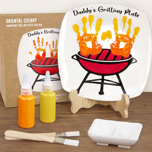 ORIENTAL CHERRY Father's Day Gifts - DIY Daddy's Grilling Plate with Handprint - Personalized Step Dad Gifts from Wife Kids - Funny BBQ Crafts Birthday Present Ideas for First Papa from Daughter Son - Image 1