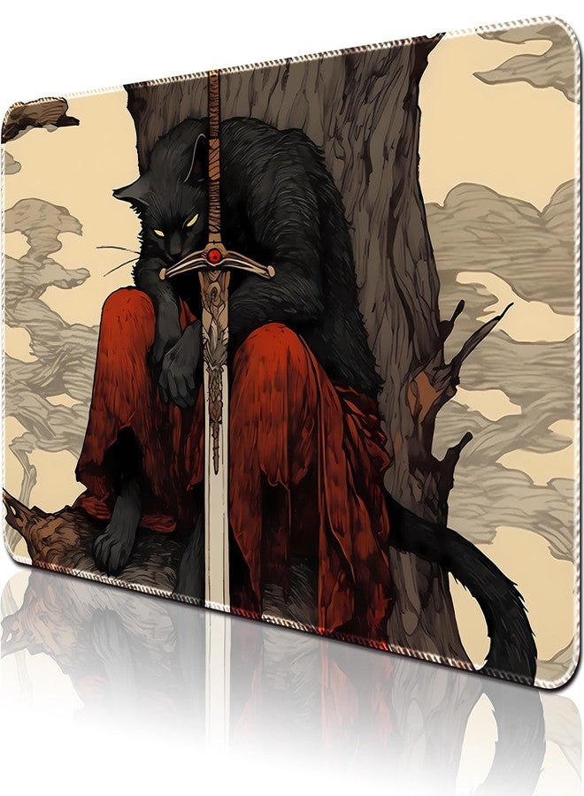 April Space Playmat Board Game MTG Duel Playmat Trading Card 24 x 14in Stitching Edges Compatible for TCG CCG RPG OCG with Card Zones + Including Storage Bags (Cat Swordsman,No Zone) - Image 1