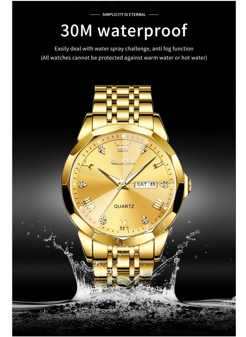 OLEVS - Men's Water Resistant Stainless Steel Analog Wrist Watch 41 mm - Gold - Image 1