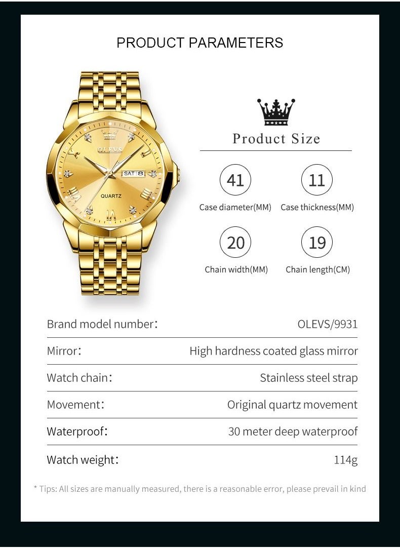 OLEVS - Men's Water Resistant Stainless Steel Analog Wrist Watch 41 mm - Gold - Image 1