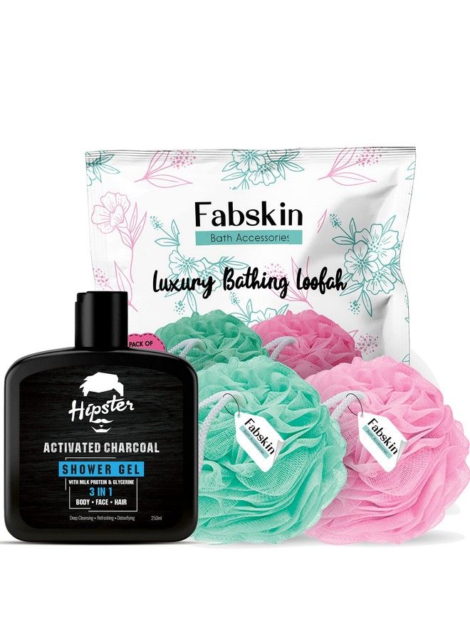 Fabskin Luxury Bathing Round Loofah For Men And Women And Hipster Charcoal Shower Gel Body Wash 250Ml ; Couples Pack Of 2 ; Aqua And Pink Loofah With Shower Gel ; Made In India - Image 1