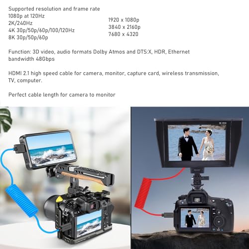 HangTon Micro HDMI to HDMI 4K 8K 60p Cable for Sony A6500 A7III A7C ZV-E10 Canon R5 R7 GH4 X-T4 Z50 ATOMOS Ninja V Feelworld Camera Monitor Type A D HDMI 2.1 Blue Braided Coiled 30cm - Image 5