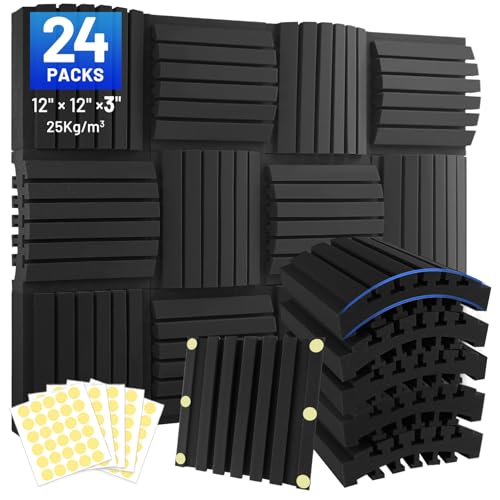 Focusound 24 Pack Curved Acoustic Foam Panels 3" x 12" x 12" Sound Proof Foam Panels Soundproofing Noise Cancelling Wedge Panels for Home Office Recoding Studio with 150 PCS Double-Side Adhesive - Image 1