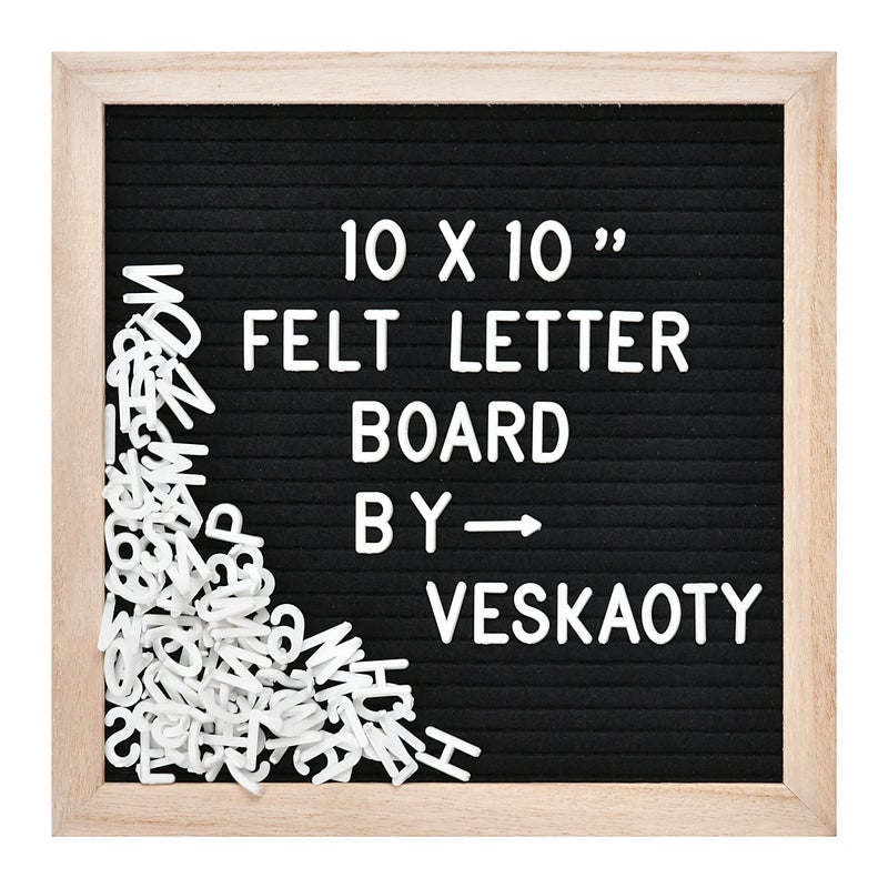 Veskaoty Felt Letter Board with 294 Letters, Numbers & Symbols - 10 x 10 inch Changeable Message Board with Wooden Frame Wall Mount Hook, (Black Board & Wood Frame) - Image 1