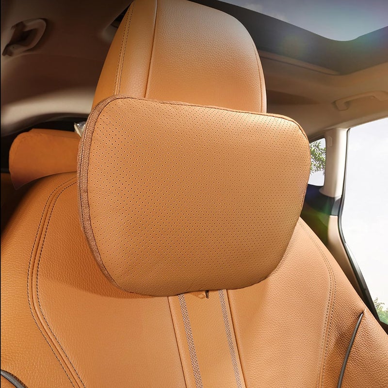 POKSRI Genuine Leather Car Neck Pillow - Adjustable Headrest Cushion in Orange Brown - Image 1