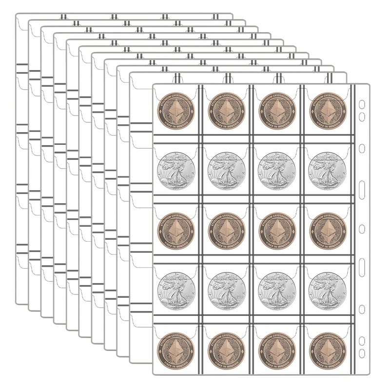 ANKHOH 12 Sheets Coin Collection Pages, Coins Pocket Page with 240 Pockets, Coin Binder Inserts Sleeves with Standard 9 Hole for Coin Album. Storage Holder for Currency, Stamp and Other Supplies (20 Pockets) - Image 1