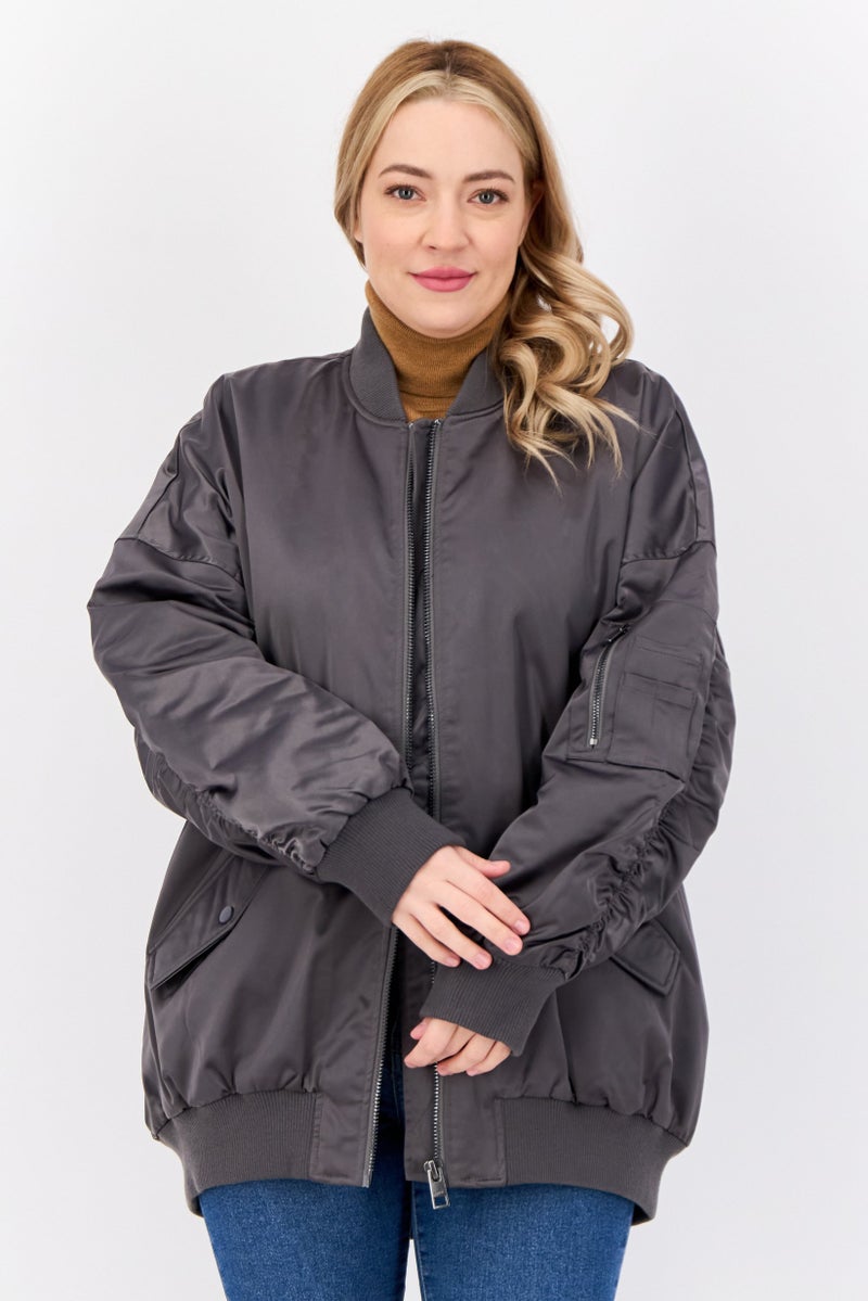 ESPRIT Women Solid Bomber Jacket, Grey - Image 1