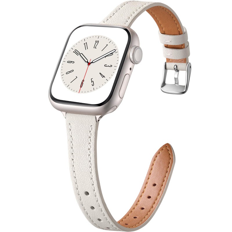 Charlam Compatible with Apple Watch Bands for Women 41mm 40mm 38mm 42mm 44mm 45mm 46mm, Top Grain Soft Leather Bands Slim Wristband for iWatch SE, iWatch Series 11 10 9 8 7 6 5 4 3 2 1,Beige/Starlight - Image 1