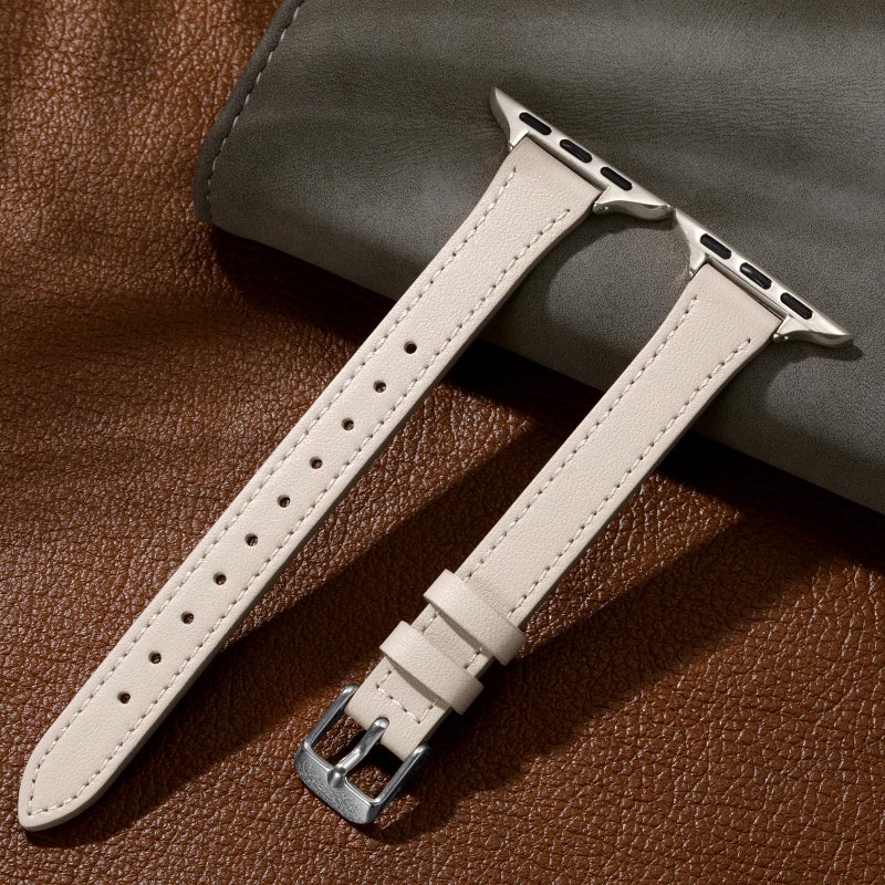 Charlam Compatible with Apple Watch Bands for Women 41mm 40mm 38mm 42mm 44mm 45mm 46mm, Top Grain Soft Leather Bands Slim Wristband for iWatch SE, iWatch Series 11 10 9 8 7 6 5 4 3 2 1,Beige/Starlight - Image 5