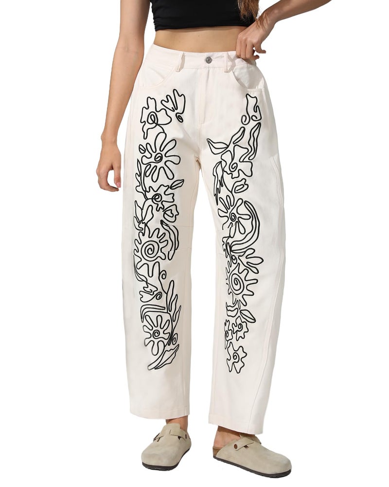 Kedera Women's Causal Baggy Boyfriend Jeans Vintage Wide Leg Floral Embroidered Mid Rise Barrel Denim Ankle Pants - Image 1