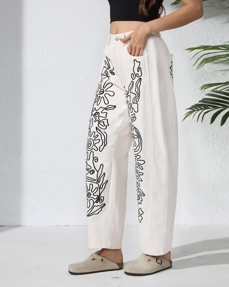 Kedera Women's Causal Baggy Boyfriend Jeans Vintage Wide Leg Floral Embroidered Mid Rise Barrel Denim Ankle Pants - Image 3