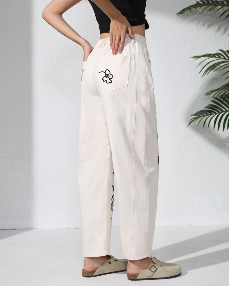 Kedera Women's Causal Baggy Boyfriend Jeans Vintage Wide Leg Floral Embroidered Mid Rise Barrel Denim Ankle Pants - Image 4