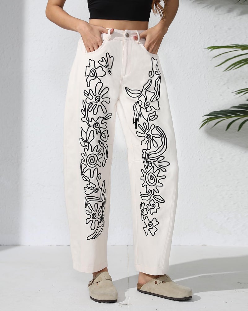 Kedera Women's Causal Baggy Boyfriend Jeans Vintage Wide Leg Floral Embroidered Mid Rise Barrel Denim Ankle Pants - Image 2
