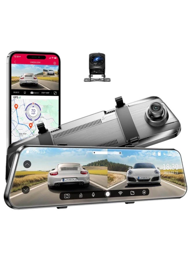 كاميرا السيارة LD2K بدقة 4K – شاشة لمس 9.66 بوصة، تسجيل أمامي وخلفي، واي فاي، GPS، وتحكم صوتى - Image 1