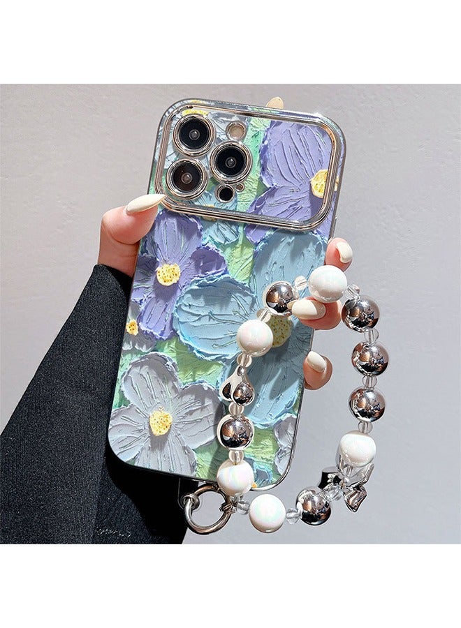 Phone Case for iPhone 15 Pro Max Colorful Retro Oil Painting Printed Flower Laser Beam Glossy Pattern Cute Curly Waves Border Exquisite Phone Cover with Lovely Bracelet Chain Stylish Durable Protective Case for Girls - Image 1