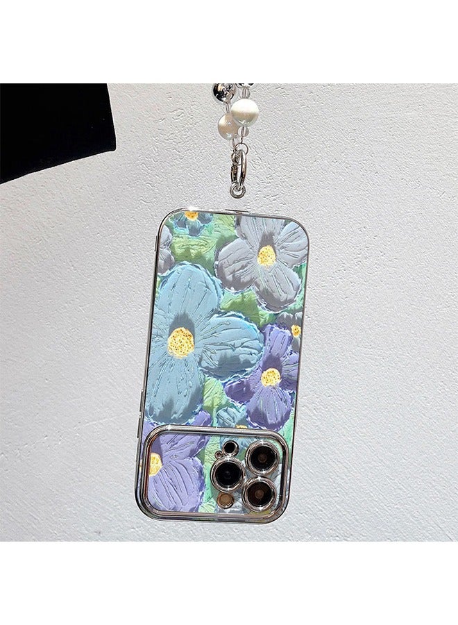 Phone Case for iPhone 15 Pro Max Colorful Retro Oil Painting Printed Flower Laser Beam Glossy Pattern Cute Curly Waves Border Exquisite Phone Cover with Lovely Bracelet Chain Stylish Durable Protective Case for Girls - Image 4