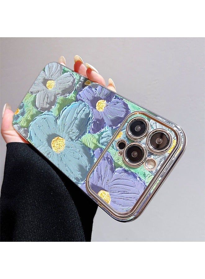 Phone Case for iPhone 15 Pro Max Colorful Retro Oil Painting Printed Flower Laser Beam Glossy Pattern Cute Curly Waves Border Exquisite Phone Cover with Lovely Bracelet Chain Stylish Durable Protective Case for Girls - Image 5