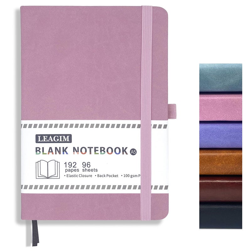LEAGIM Blank Journal Notebook, A5, 192 Pages 100 GSM Thick Sketch Book for Women Men, Hardcover Leather Unlined Journaling for Work, Notebooks for Writing, 5.8 inches x 8.5 inches (Pink) - Image 1