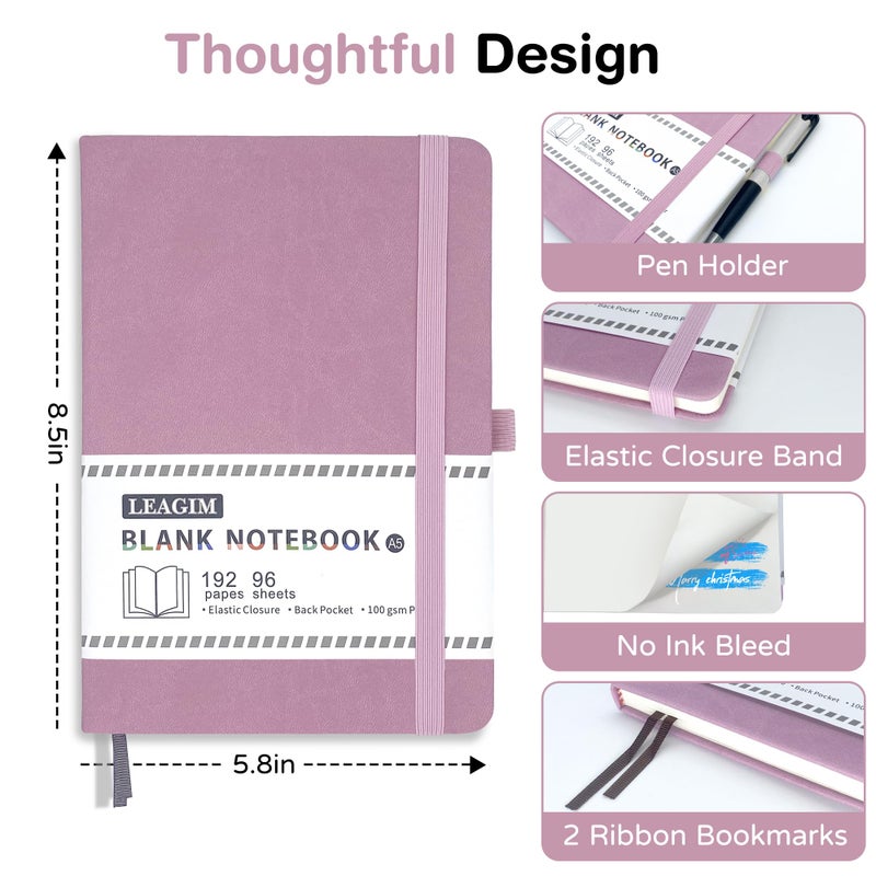 LEAGIM Blank Journal Notebook, A5, 192 Pages 100 GSM Thick Sketch Book for Women Men, Hardcover Leather Unlined Journaling for Work, Notebooks for Writing, 5.8 inches x 8.5 inches (Pink) - Image 3