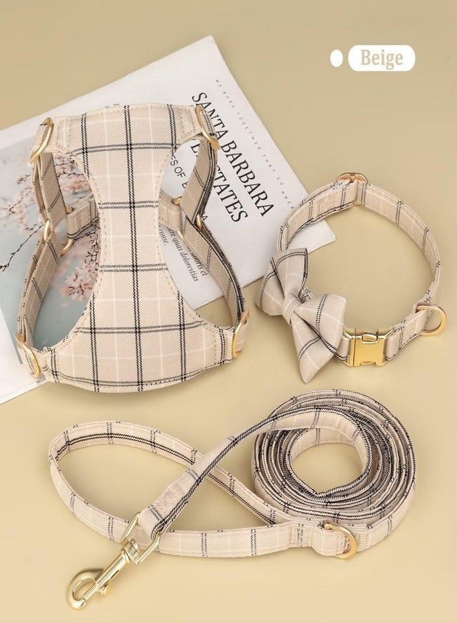 Beirui Cute Small Dog Harness Collar and Leash Set with Bowtie, Soft Adjustable Plaid Puppy Harness for Small Sized Dogs Cats Walks Parties and Photoshoots(Beige,S:Chest 17-23") - Image 2