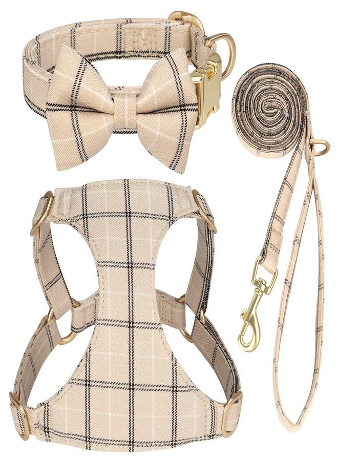Beirui Cute Small Dog Harness Collar and Leash Set with Bowtie, Soft Adjustable Plaid Puppy Harness for Small Sized Dogs Cats Walks Parties and Photoshoots(Beige,S:Chest 17-23") - Image 1