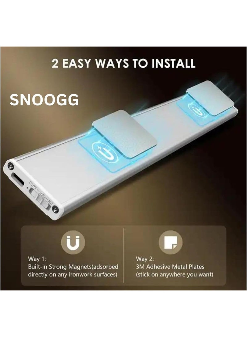 سنوج مصباح SNOOGG تحت الخزانة – قطعة واحدة – ضوء ليلي لاسلكي بمستشعر حركة – قابل لإعادة الشحن عبر USB-C – تصميم مغناطيسي أنيق – مثالي للمطبخ، الدولاب، المخزن، المكتب المنزلي والمزيد - Image 2