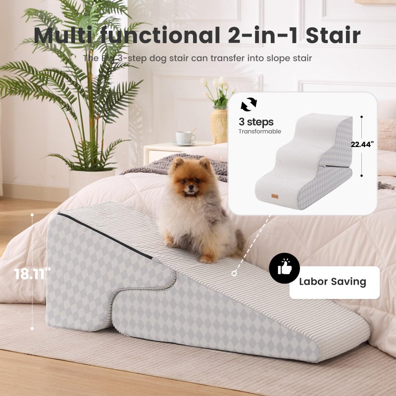 Gardner Pet Dog Stairs for Small Dogs 22.4" H, Large 2 in 1 Transformable 3-Step Pet Stairs and ramp, Dog Steps for High Bed (22-27") with Non-Slip Waterproof Cover CertiPUR-US Certified Foam,Checked - Image 2