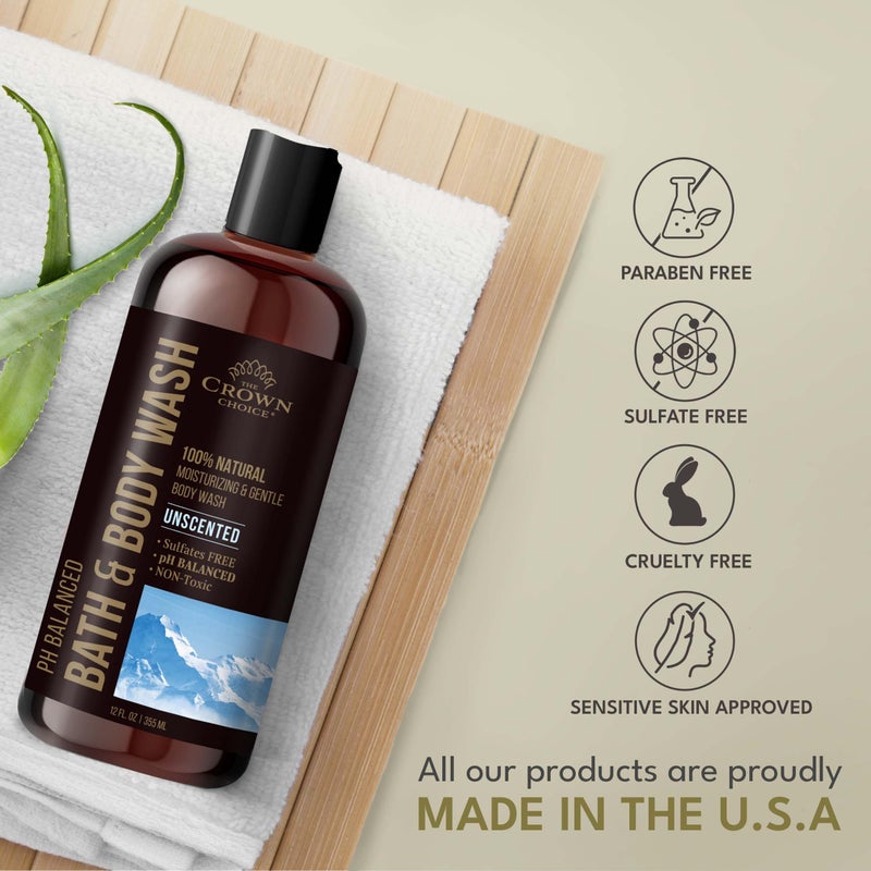 The Crown Choice غسول جسم طبيعي للنساء والرجال والأطفال - غسول جسم خالي من العطور - 12 أونصة pH 5.5 - أفضل توازن pH - صابون سائل لجميع أنواع البشرة - جل سائل للاستحمام / الاستحمام مرطب خالي من الكبريتات والمواد الكيميائية (2 عبوة)  - Image 4