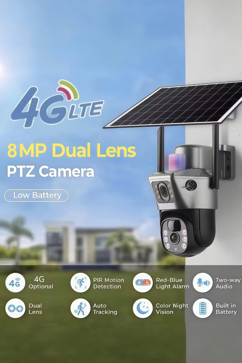 4K 8MP Solar Camera 4G Sim PTZ Cameras Outdoor Dual Lens IP Camara Solar Panel CCTV Security Built in Battery PIR Cam (With 128GB SD Card) - Image 2