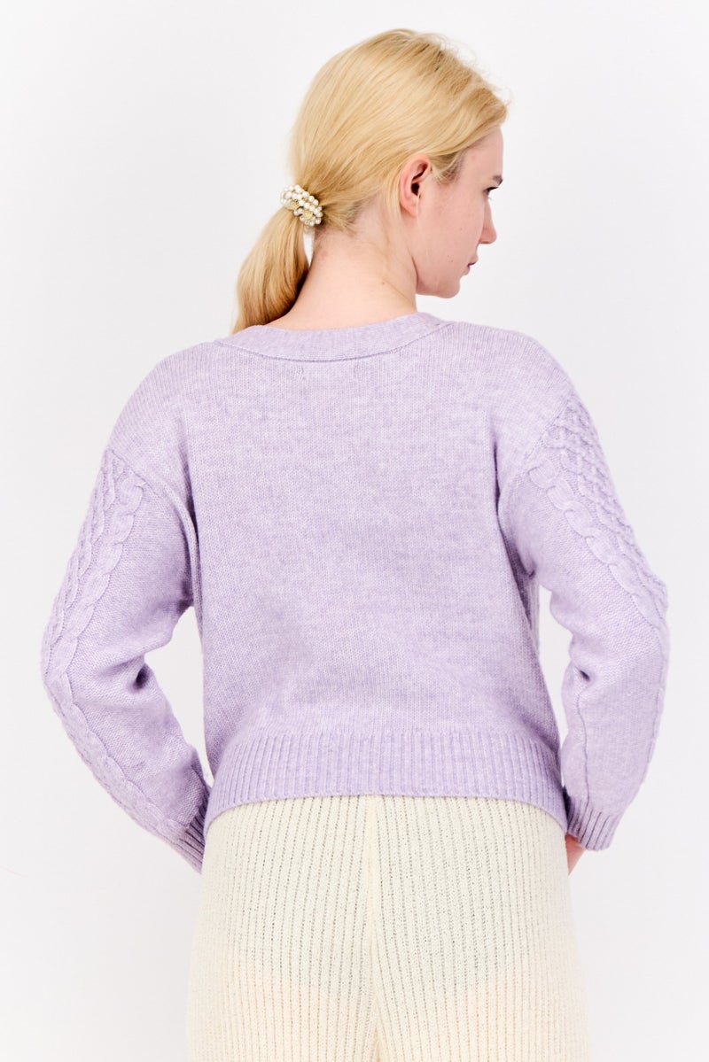 No Comment Women V Neck Knitted Cardigan, Lavender  - Image 2