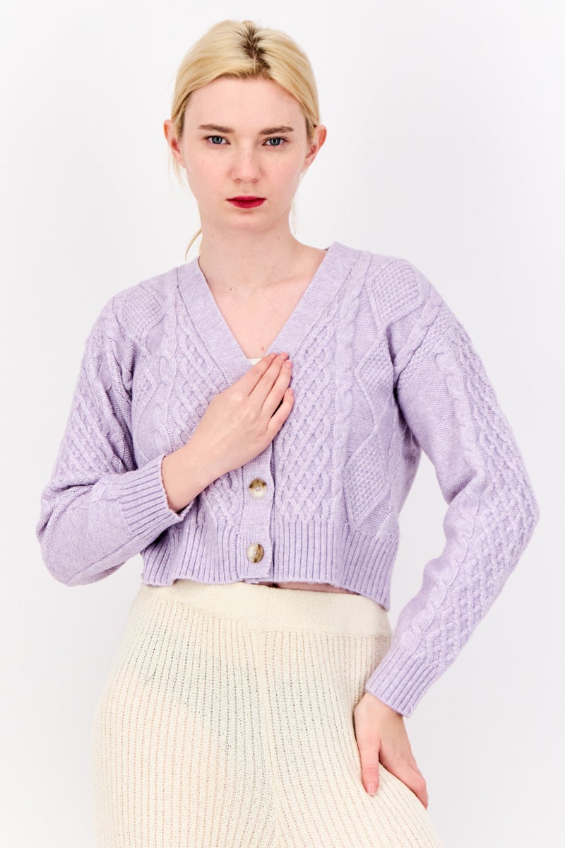 No Comment Women V Neck Knitted Cardigan, Lavender  - Image 1