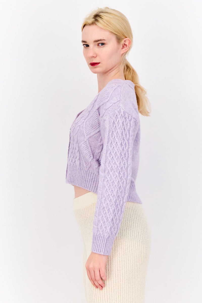 No Comment Women V Neck Knitted Cardigan, Lavender  - Image 3