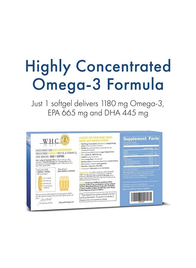 WHC , UnoCardio 1000 Fish Oil, 1300 mg of Pure Triglyceride Fish Oil with Omega-3 (1180 mg), 665 mg EPA and 445 mg DHA and 25 mcg (1000 IU) Vitamin D3 per softgel, Natural Orange, 60 softgels - Image 2