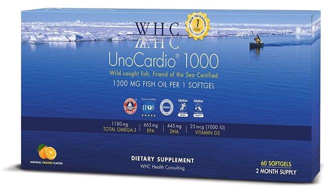 WHC , UnoCardio 1000 Fish Oil, 1300 mg of Pure Triglyceride Fish Oil with Omega-3 (1180 mg), 665 mg EPA and 445 mg DHA and 25 mcg (1000 IU) Vitamin D3 per softgel, Natural Orange, 60 softgels - Image 1