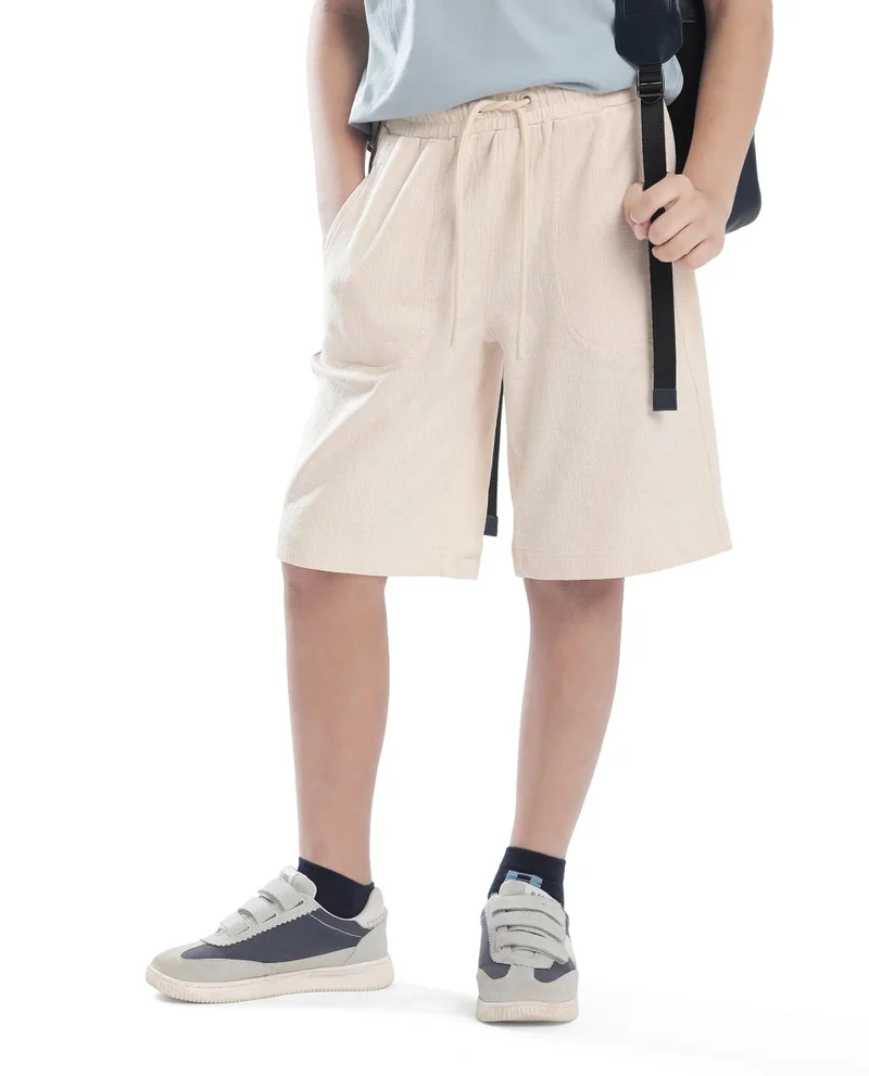 Rare Ones Rare Ones Kids Oryn Beige Cotton Blend  Drawstring Solid Regular Fit Shorts
