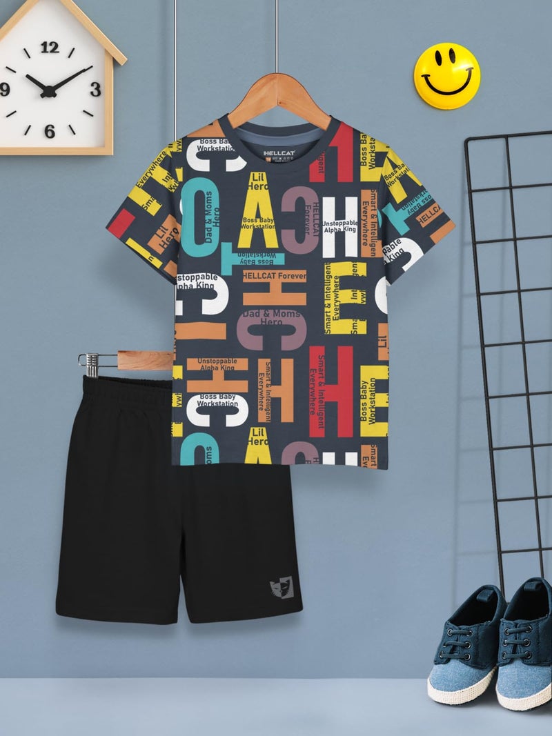 HELLCAT Boys Cotton Blend Printed Dress Clothing Set Combo with Tshirts & Shorts - Pack 1 Black2 5-6 Years - Image 2