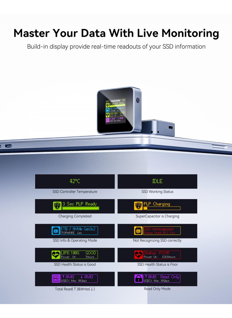 DOCKCASE DOCKCASE Pocket M.2 2230 NVMe SSD Enclosure,Support 3s PLP Prevents Write Data Loss,USB 3.2 Gen 2 Type-C (10 Gbps), fits NVMe PCIe, Exclusive to Size 2230,Support M-Key B+M Key UASP (Grey)  - Image 2