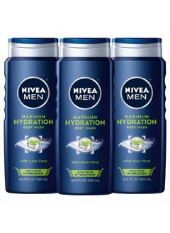 NIVEA MEN Maximum Hydration Body Wash, Aloe Vera Body Wash for Dry Skin, 16.9 Fl Oz (Pack of 3)