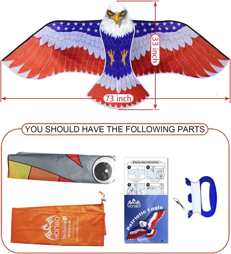 Honbo Huge Patriotic Eagle Kites for Adults and Kids,Easy to Fly for Beach Trip, Outdoor Activities-Wingspan 73”-200ft Line with Swivel-Bonus Durable Polyester Bag - Image 3