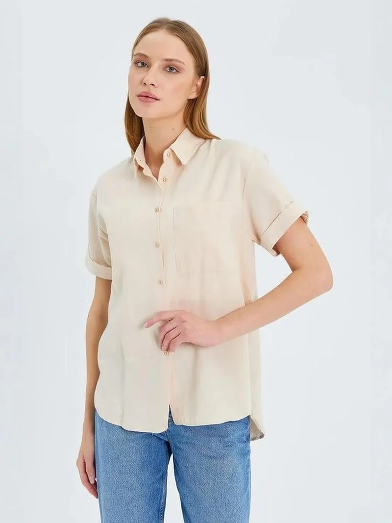 Mixray Stone Natural MIXRAY Short Sleeve Shirt with Pockets for Women | Best Price UAE