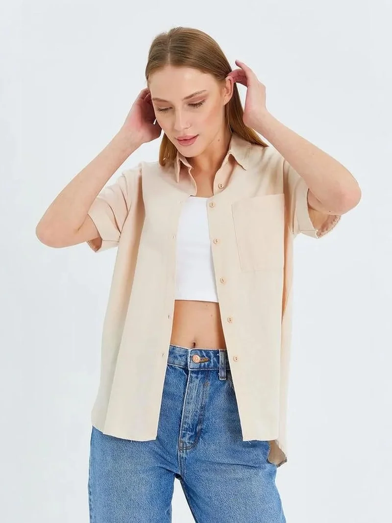 Mixray Stone Natural MIXRAY Short Sleeve Shirt with Pockets for Women | Best Price UAE