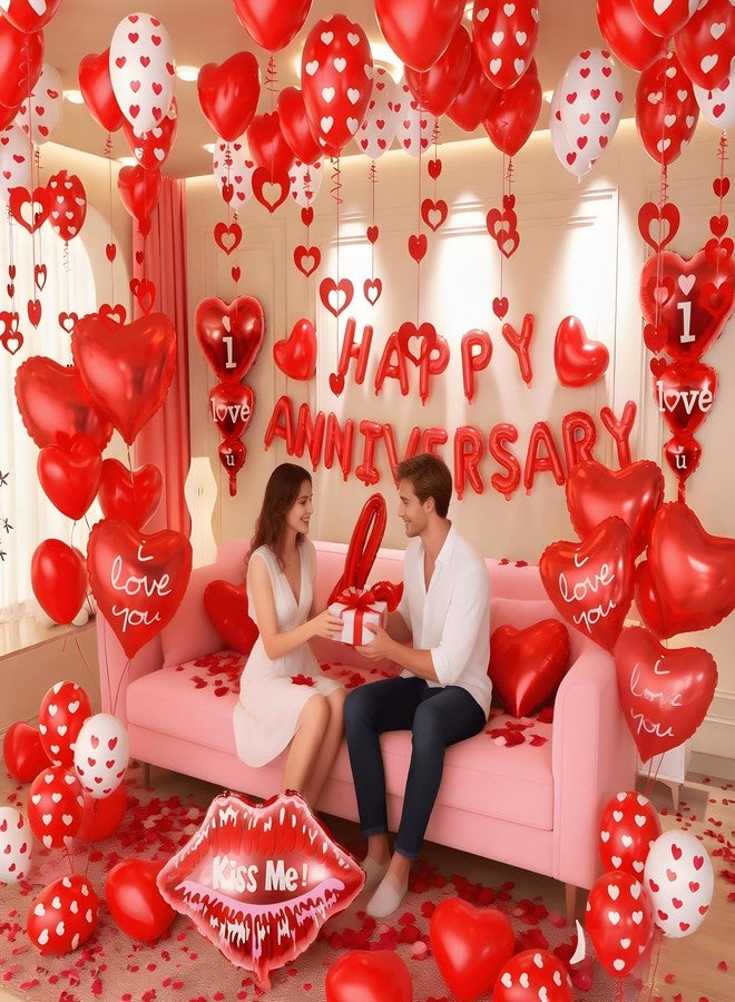 زينة ماجوستا للاحتفال بالذكرى السنوية - بالونات عيد الحب مع بالونات على شكل قلب، لافتة "عيد زواج سعيد"، بالونات "أحبك"، خيط معلق على شكل قلب، بتلات ورد أحمر لتزيين عيد الحب، ليلة مميزة - Image 5
